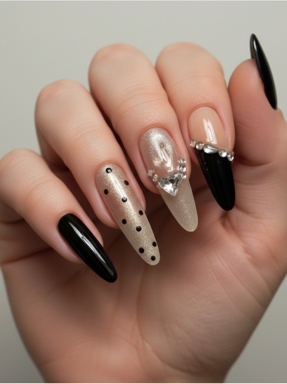 Elegant Black and Nude Press-On Nails with Rhinestones - Picture 2 of 2